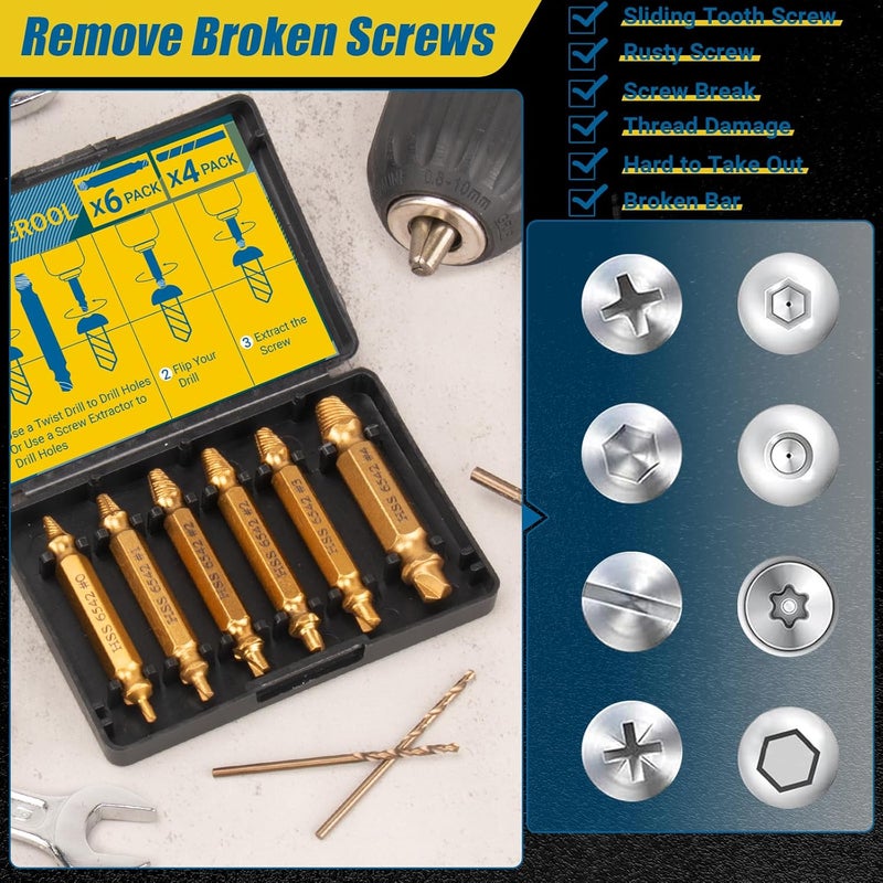 Cleverool Store 10 PCS Damaged Screw Extractor Set, 6 PCS HSS 6542 Screw Extractor Remover Kit and 4 PCS Twist Drill Bit Kit for Stripped Screws & Drill Bit Tools, Gifts for Men - Image 5